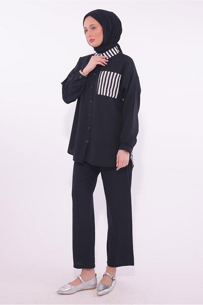 TRENDTESETTÜR Γυναικείο Μαύρο Ριγέ Παντελόνι Σετ T 8574