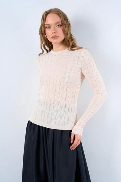 Qu Style Pulover tricotaj ajurat crem