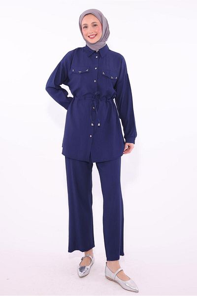 TRENDTESETTÜR Γυναικείο πουκάμισο Navy Blue με παντελόνι γιακά T 0374