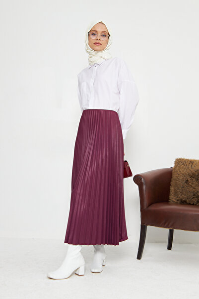 RTBUTİK Plum Leather Look Pleated Hijab Skirt, Hijab Skirt, Women's Gift Skirt, Stylish Skirt, Long Skirt
