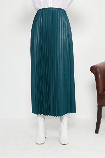 RTBUTİK Emerald Leather Look Pleated Hijab Skirt, Hijab Skirt, Women's Gift Skirt, Stylish Skirt, Long Skirt