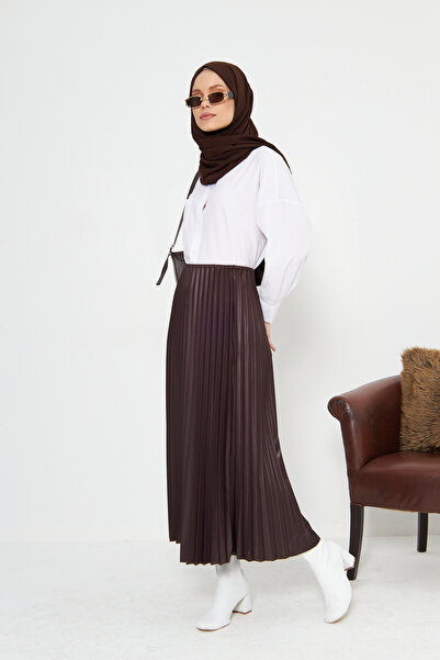 RTBUTİK Σοκολατένια δερμάτινη φούστα με πλισέ Hijab, Hijab φούστα, Γυναικεία φούστα δώρου, Κομψή φούστα, μακριά φούστα