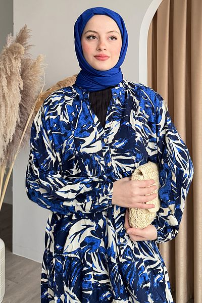 InStyle Rochie abstractă cu mânecă cu balon Indigo din viscoză