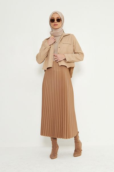 RTBUTİK Κρεμ δερμάτινη φούστα με πλισέ Hijab, Hijab φούστα, Γυναικεία φούστα δώρου, Κομψή φούστα, μακριά φούστα