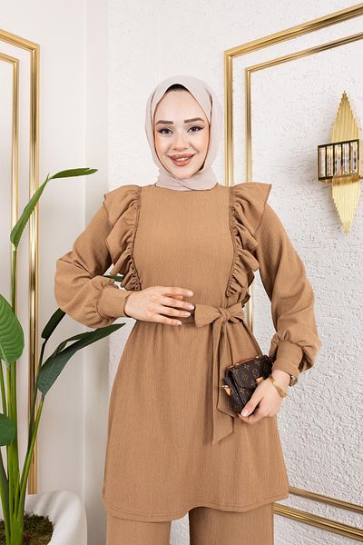 Moda Ebva Λεπτομερής μανίκι Hijab Suit-3131 Latte