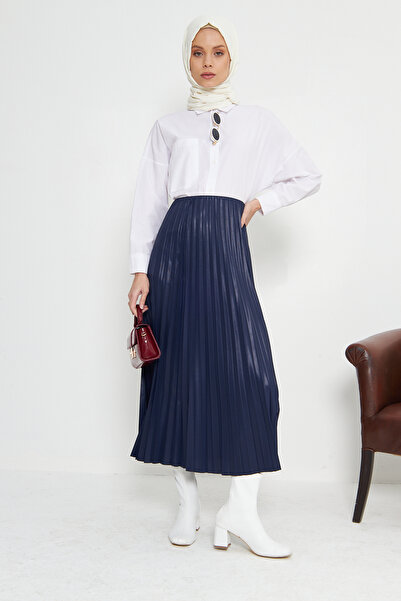 RTBUTİK Fusta hijab plisată cu aspect de piele bleumarin, fustă hijab, fustă cadou pentru femei, fustă șic, fustă lungă