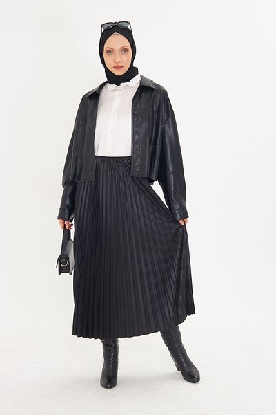 RTBUTİK Μαύρη δερμάτινη φούστα με πλισέ Hijab, Hijab φούστα, Γυναικεία φούστα δώρου, Κομψή φούστα, μακριά φούστα