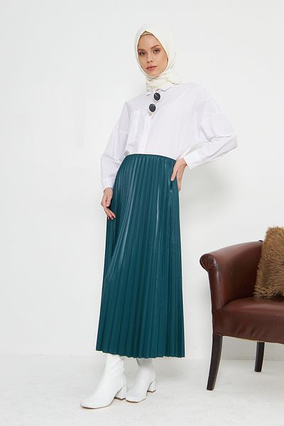 RTBUTİK Emerald Leather Look Pleated Hijab Skirt, Hijab Skirt, Women's Gift Skirt, Stylish Skirt, Long Skirt