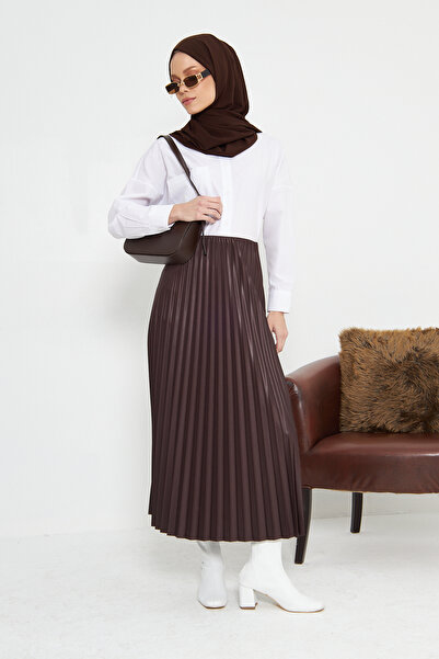 RTBUTİK Σοκολατένια δερμάτινη φούστα με πλισέ Hijab, Hijab φούστα, Γυναικεία φούστα δώρου, Κομψή φούστα, μακριά φούστα