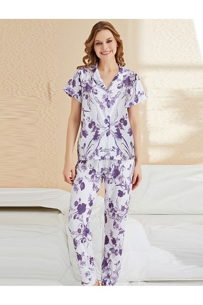 JENİKA Set pijama de damă din 2 piese cu nasturi cu model de flori de prune albă