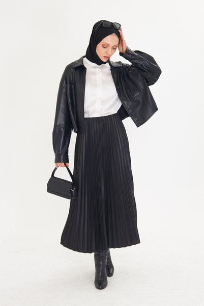 RTBUTİK Black Leather Look Pleated Hijab Skirt, Hijab Skirt, Women's Gift Skirt, Stylish Skirt, Long Skirt