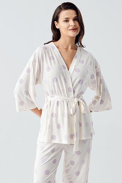 Artış Three Quarter Sleeve Polka Dot Kimono Stretchy Viscous Pajama Suit