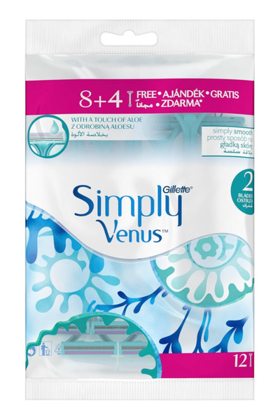 Gillette Venus ماكينة حلاقة سيمبلي فينوس بشفرتين للنساء من جيليت 4+8 12 قطعه