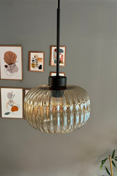 Bamyum Mola Cam Bal Rengi Tekli Avize Ince Siyah Başlık Retro Sarkıt Lamba Restoran Salon Aydınlatma