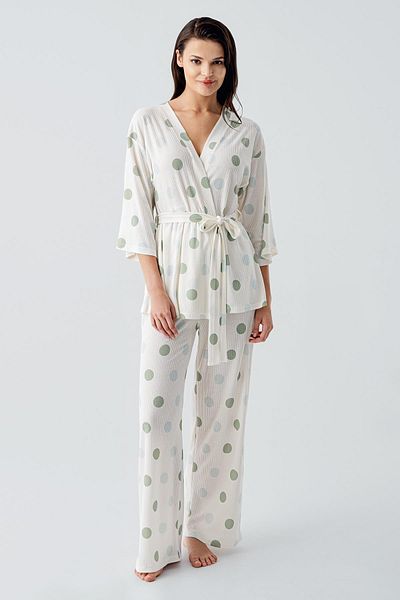 Artış Three Quarter Sleeve Polka Dot Kimono Stretchy Viscous Pajama Suit