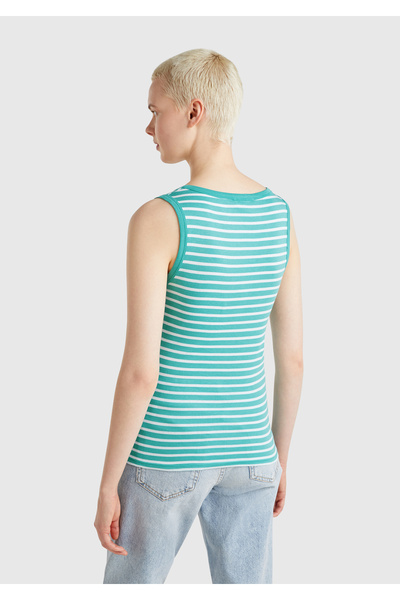 United Colors of Benetton Kadın Mavi %100 Pamuk Çizgili Logo İşleme Detaylı Regular Fit Atlet