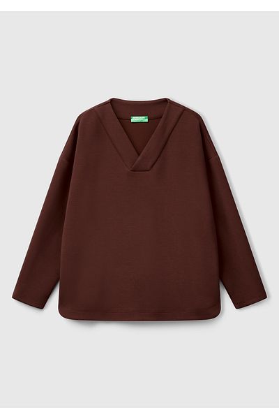 United Colors of Benetton Дамски суитшърт с дълъг ръкав и V-образно деколте, кафяв
