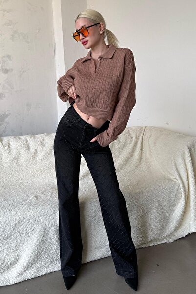 Madmext Vizon Saç Örgülü Polo Yaka Kadın Kazak Mg2310