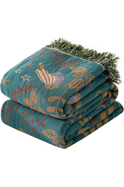 COOYA Boho Throw Blanket, 100% Cotton Woven Blanket for Couch Sofa Bed, Soft Muslin Quilt, Blue 60”x 80”