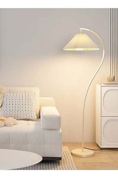 COOYA مصباح أرضي LED قابل للتعتيم بثلاثة ألوان بقوة 12 وات، مع غطاء مصباح من القماش المطوي، أبيض، 28x50x152 سم