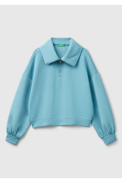 United Colors of Benetton Hanorac de damă, albastru, în amestec modal, cu jumătate de fermoar, cu gât polo