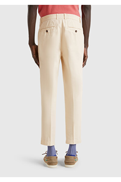 United Colors of Benetton Men's Stone Color 100% Cotton Buttoned Elastic Waist Carrot Cut Chino Trousers