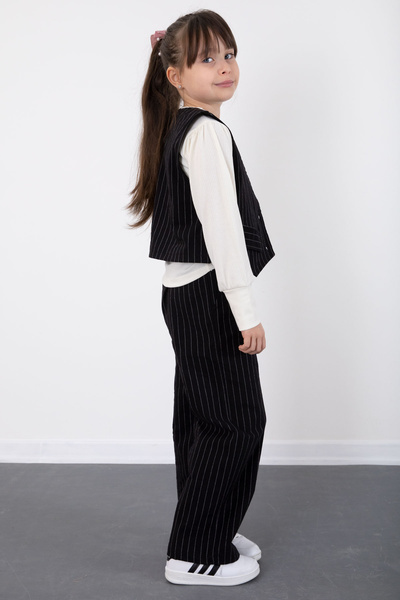 Cansın Mini Black Stripe Patterned Vest and Wide Leg Trousers Girl's Badi 3 Piece Set 20493