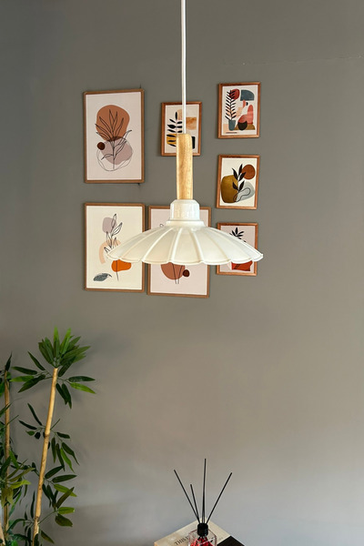 Bamyum Risso Beyaz Tekli Metal Avize Ahşap Başlık Cafe Mutfak Modern Dekoratif Sarkıt Aydınlatma