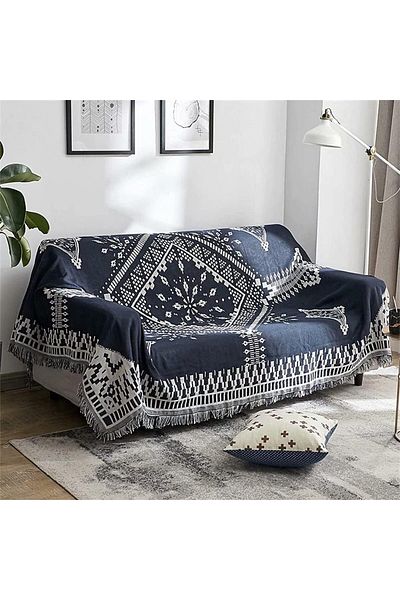 COOYA Sofa Throw Blanket, Black White Geometric Couch Carpet Woven Boho Sofa Cover with Tassels 230 x 180
