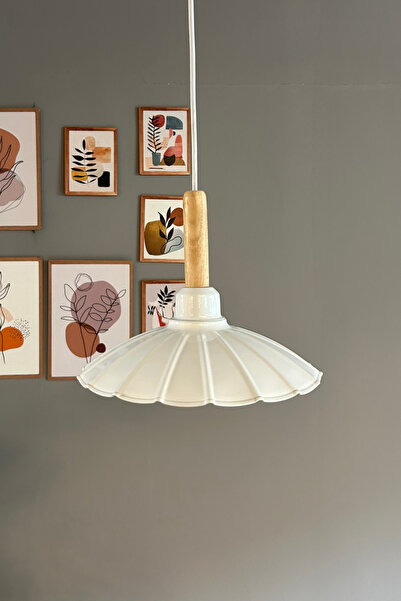 Bamyum Risso Beyaz Tekli Metal Avize Ahşap Başlık Cafe Mutfak Modern Dekoratif Sarkıt Aydınlatma