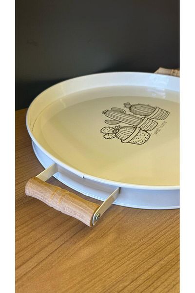 Bayev 37 cm Wooden Handle White Metal Round Tray - Breakfast Presentation Tray
