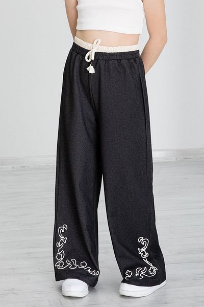 Cansın Mini Black Wide Leg Girl's Wide Leg Trousers with Embroidery Detail 20490