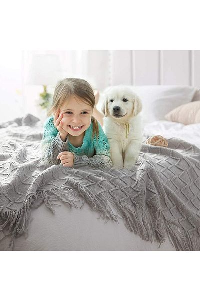 COOYA Knitted Throw Blanket, Cozy Lightweight Decorative Throw, Warm Woven Blanket with Tassels 130x220cm