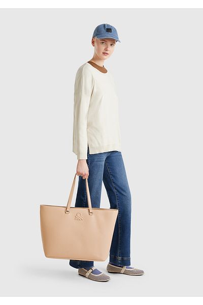 United Colors of Benetton Geantă tote mare, bej, cu efect de învechire, cu logo în relief, cu fermoar
