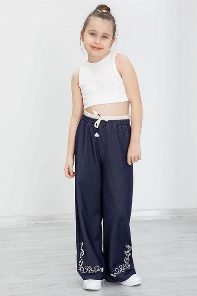 Cansın Mini Navy Blue Girl's Wide Leg Trousers with Embroidery Detail 20489