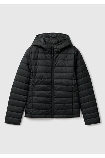 United Colors of Benetton Palton negru pentru femei, umplut cu poliester, cu glugă, cu fermoar