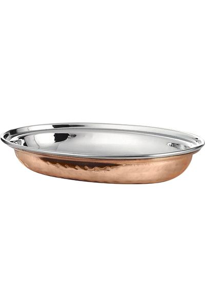 Kedge Pure Copper Hammered Stainless Steel 3 Pole Oval Curry Dish, 500 Ml Capacity