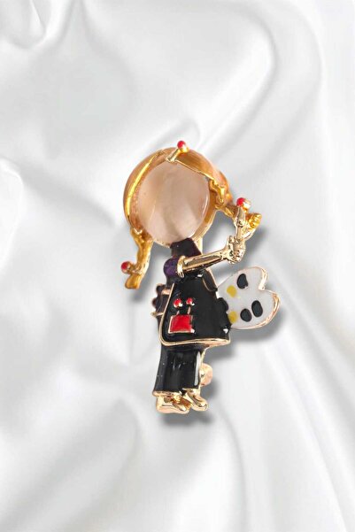 REBORN DESIGN Pirinç Gold Renk Ressam Kız Model Kadın Broş