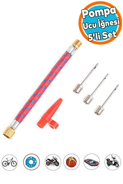 NZB Pompa Ucu İğne Seti 5'li Hortum Bağlantılı Bisiklet Top Yat Şambrel Teker Şişirme Metal Plastik Jakı