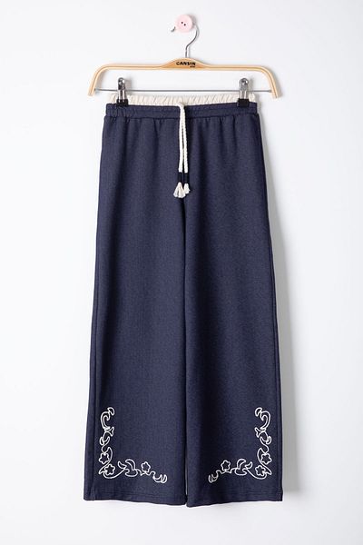 Cansın Mini Navy Blue Girl's Wide Leg Trousers with Embroidery Detail 20489