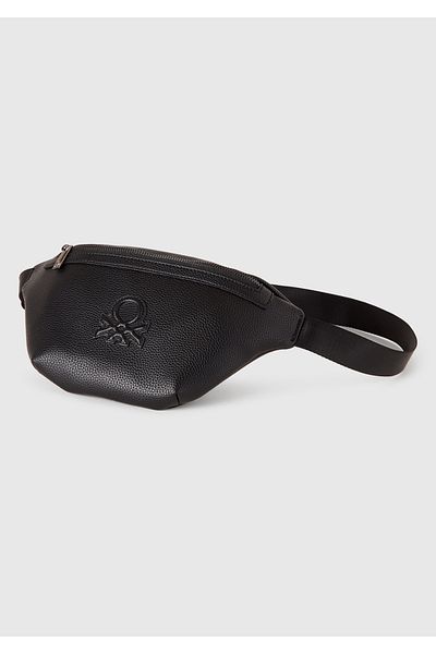 United Colors of Benetton Men's Black Tumbled Effect Front Logo Patched Zippered Waist Bag
