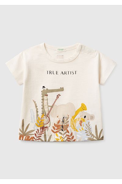 United Colors of Benetton Baby Ecru T-Shirt with Graphic Print on the Front and Logo Detail on the Back