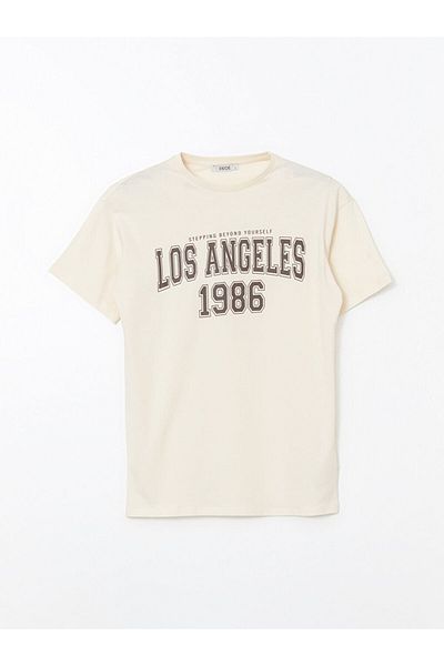 LC Waikiki Γυναικείο μπλουζάκι XSIDE Beige Crew Neck Los Angeles με στάμπα