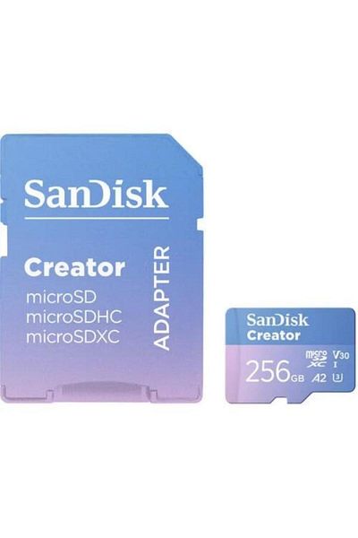 SanDisk بطاقة ذاكرة Creator microSDXC UHS-I A2 V30 بسعة 256 جيجابايت مع محول