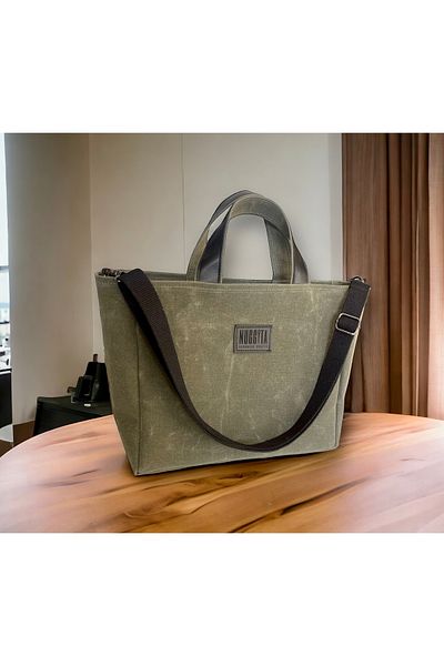 Nuggita Zippered Medium Size Waxed Canvas Khaki Color Handbag / Crossbody Bag and Black Detail