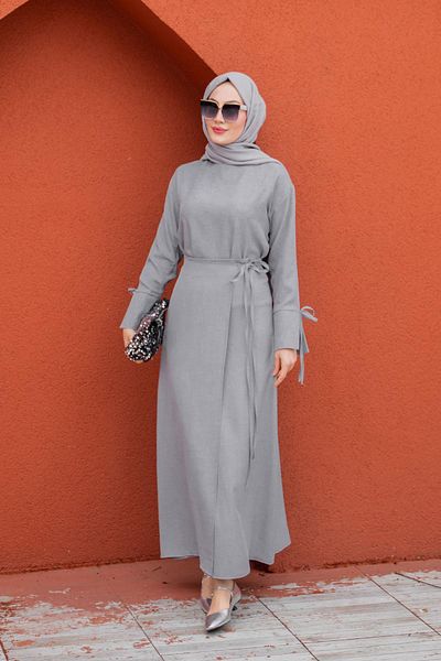 Tesettür Çarşım Wrap Tie Skirt Blouse Set-Grey