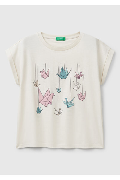 United Colors of Benetton Κοριτσίστικο μπλουζάκι με γυαλιστερό εμπριμέ με ανο...