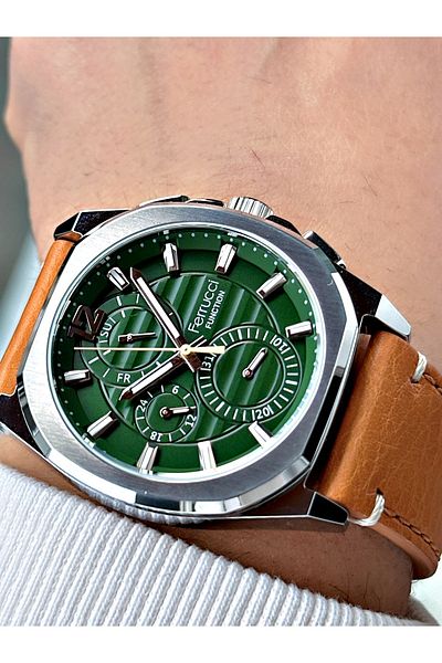 Ferrucci Men's Wristwatch - 3 Atm Waterproof, Functional Leather Cord, Brown-Green Color
