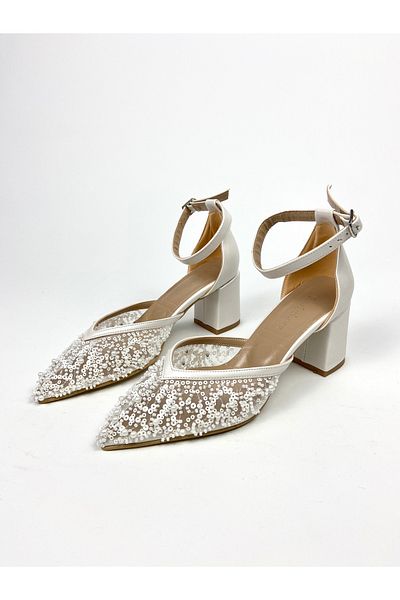 Gloriys Ayakkabı & Çanta Mother of Pearl Mesh Pearled 6 cm Thick Heeled Shoes 01328 Evening Dress Shoes - Wedding Dress Shoes