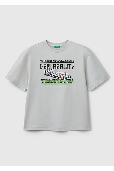 United Colors of Benetton Boy's Gray Melange Printed T-Shirt with Logo Label on the Back
